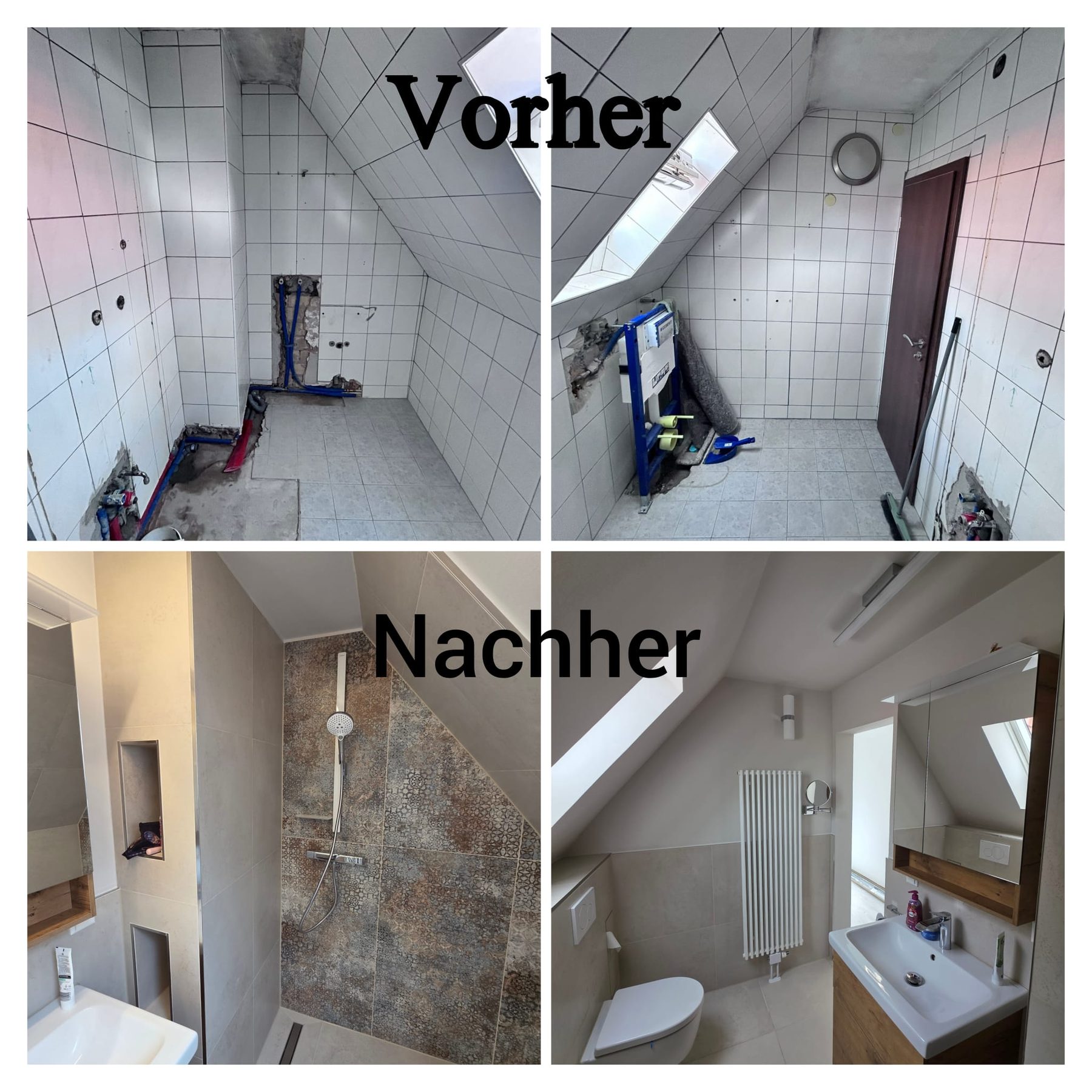 Vorher-Nachher-Collage eines renovierten Badbereichs